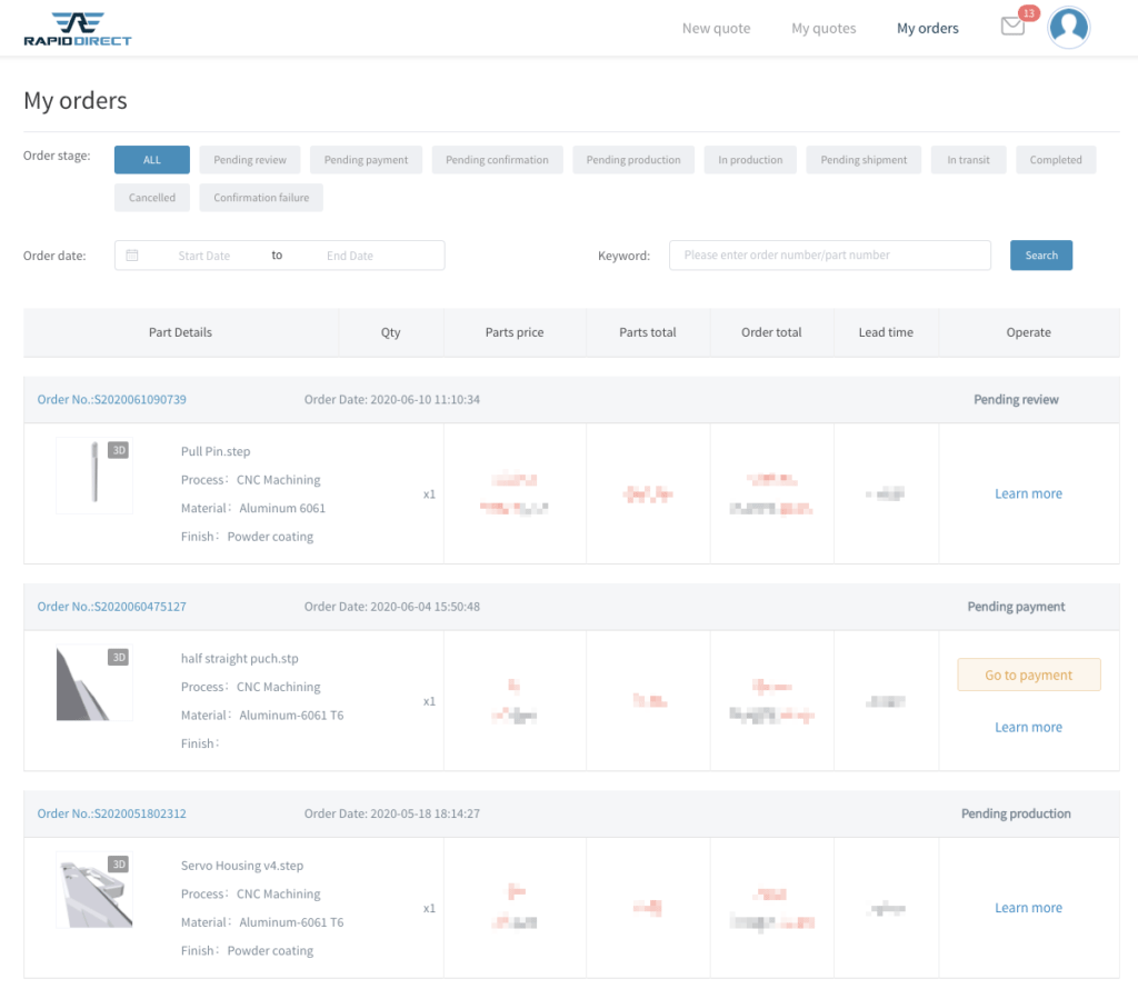 order management page